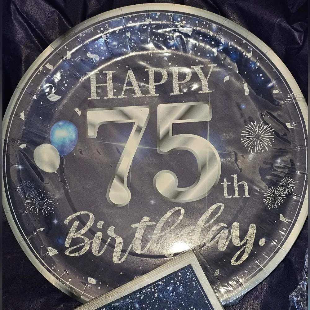 75th Birthday Party Plate, Napkins, Cup, Candle Set - Navy Blue and Silver NWT.